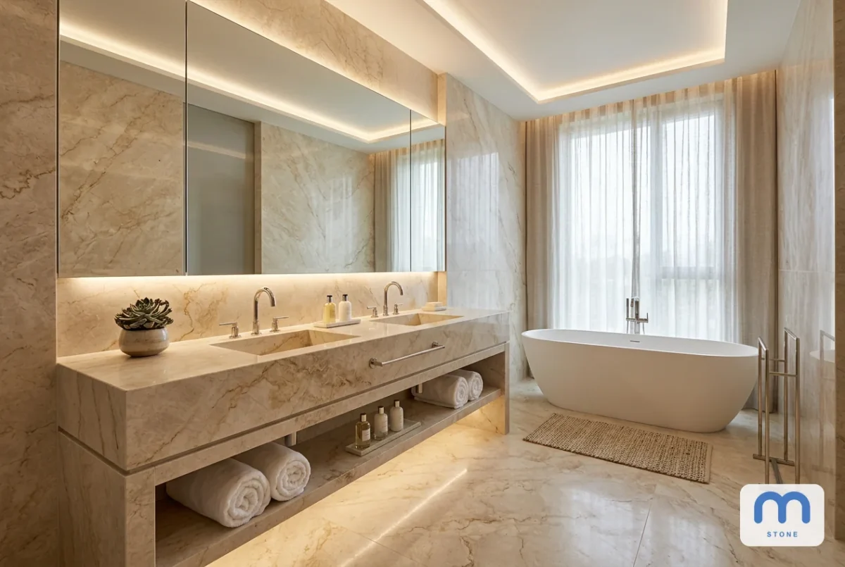Мармур Lotus Beige Light у ванній кімнаті: візуалізація