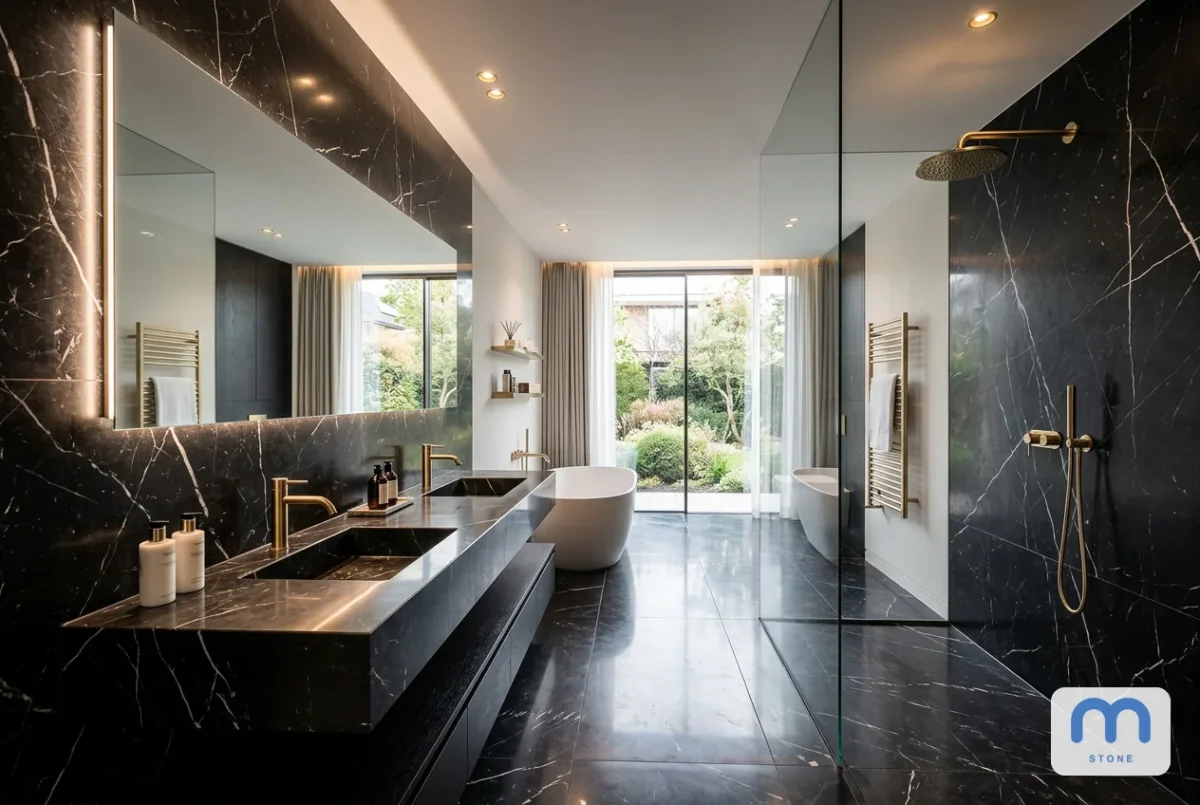 Мармур Nero Marquina у ванній кімнаті: візуалізація
