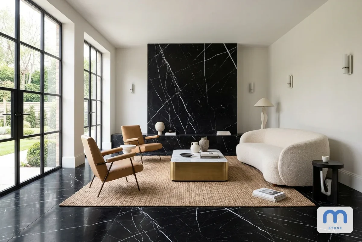 Мармур Nero Marquina в інтер’єрі: візуалізація